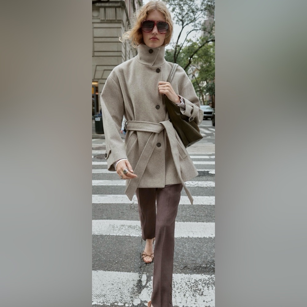 Zara Soft Double Position Collar Belted Coat XL Beige